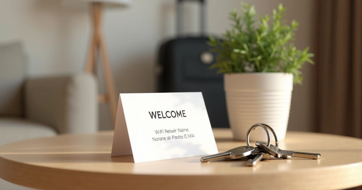 Cartão com senha de wi-fi sobre mesa de entrada do apartamento 