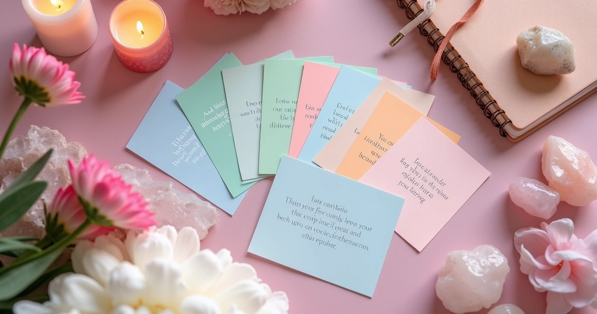 Mesa colorida com cartas afirmativas abertas ao lado de objetos esotéricos 