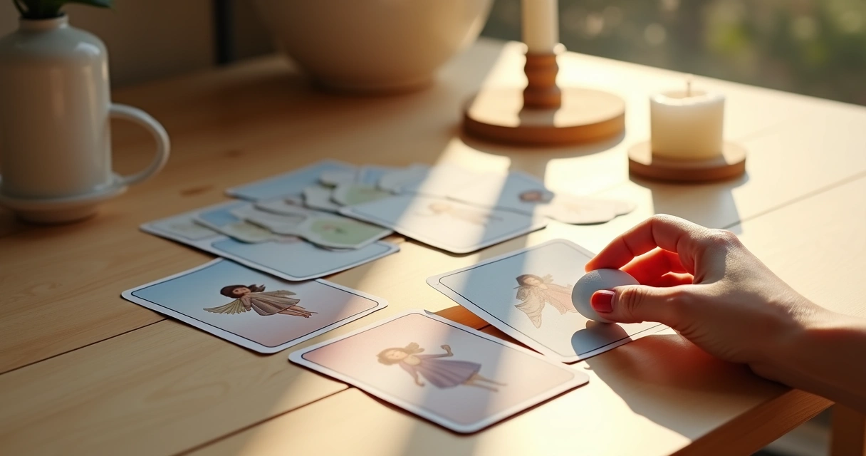 Baralho de cartas de anjo espalhado sobre uma mesa de madeira clara 