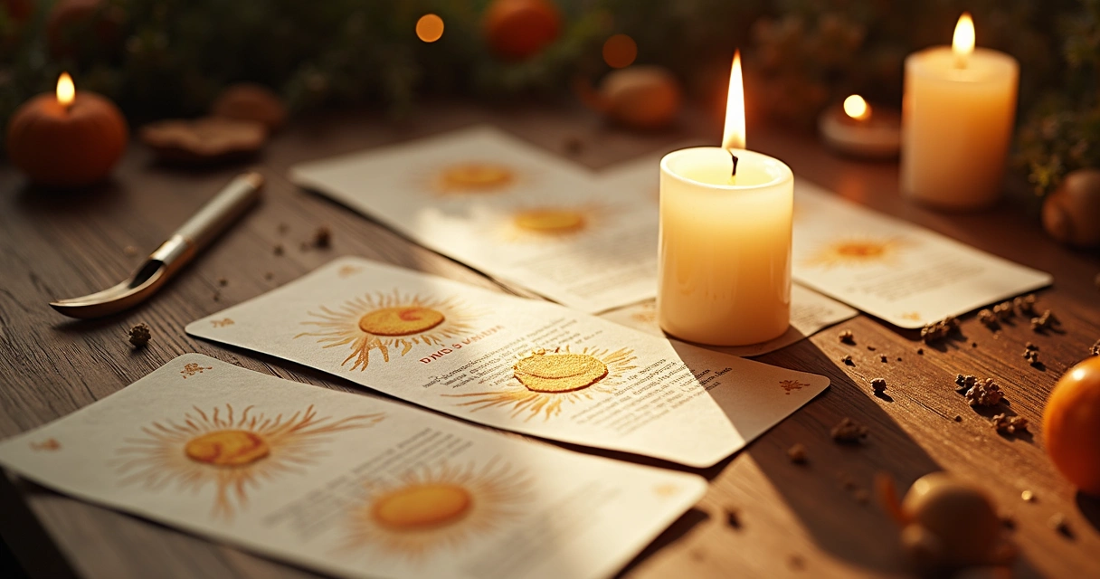 Cartas de anjos sobre uma mesa, luz suave iluminando 