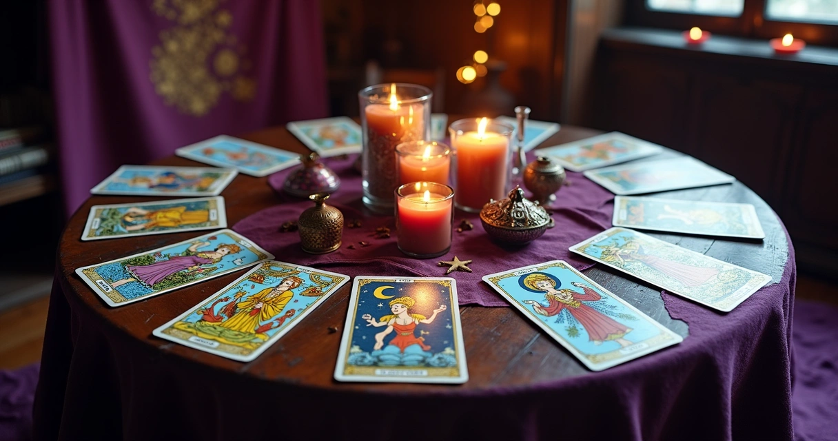Cartas de tarot dos Arcanos Maiores espalhadas sobre a mesa 