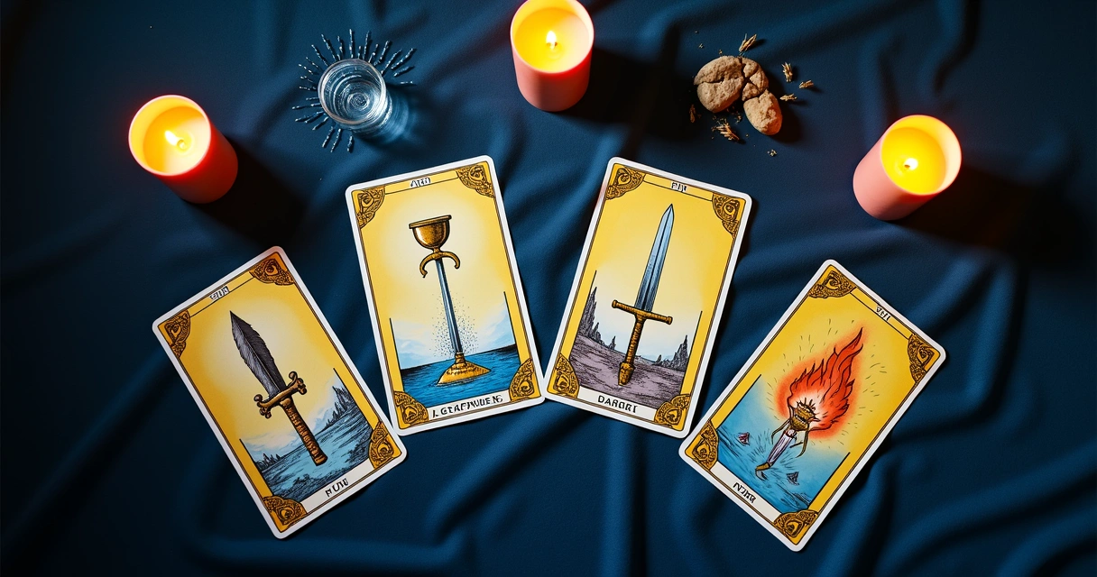 Cartas de tarot dispostas formando os quatro naipes dos arcanos menores 