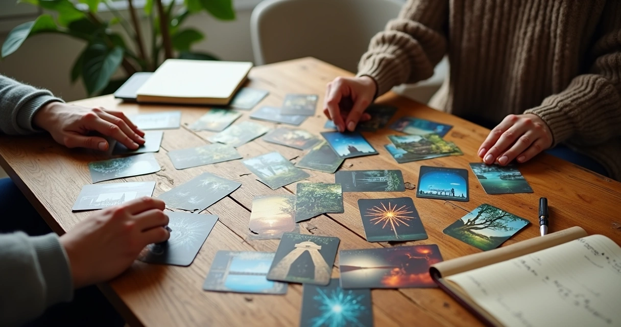 Cartas associativas espalhadas em mesa de madeira ao lado de mãos organizando as imagens 