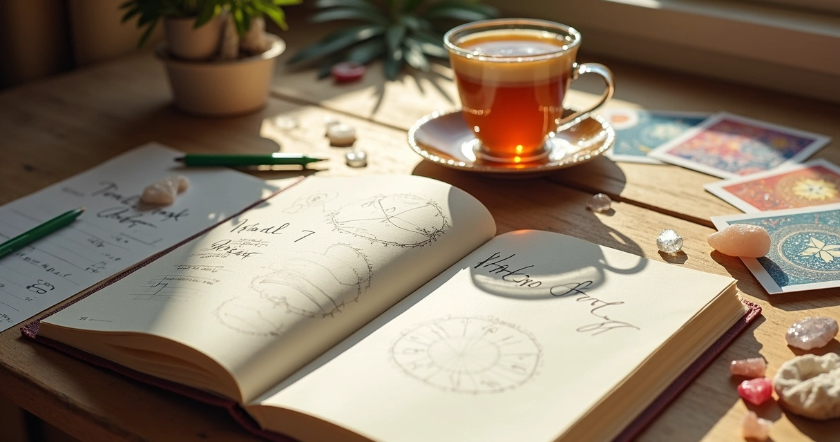 Mesa com cartas astrológicas, agenda e caneta em mesa de madeira 