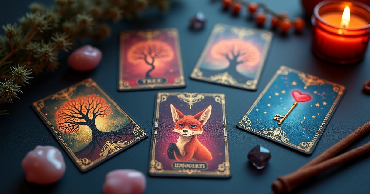 Cartas baralho cigano árvore coração chave raposa estrelas sobre fundo escuro 