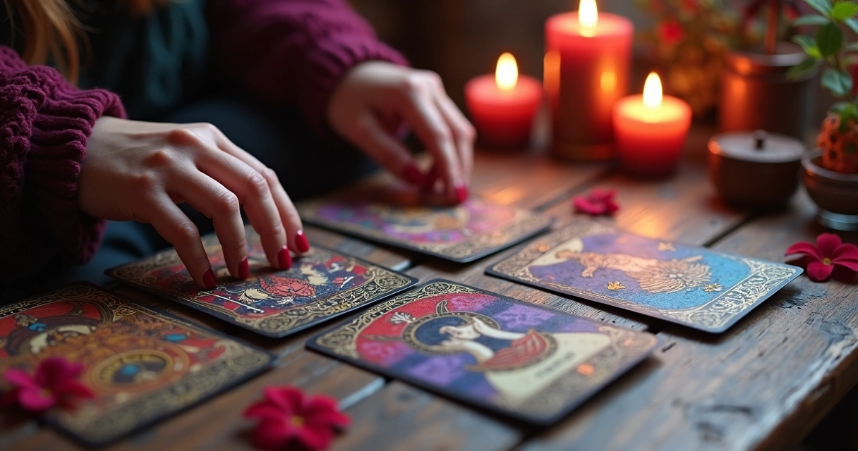 Cartas de baralho ciganas espalhadas sobre uma mesa de madeira 