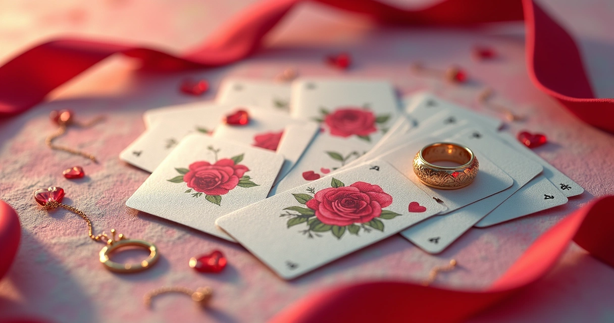 Cartas de baralho cigano com símbolos de amor e alianças em destaque 