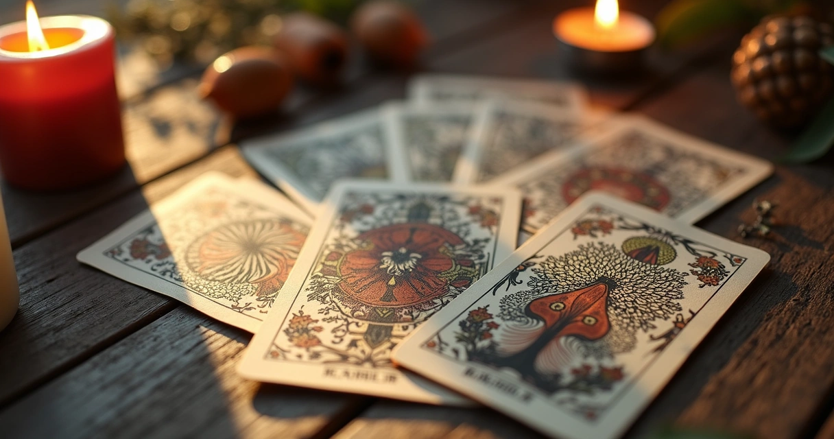 Detalhes das cartas do baralho cigano em uma mesa de madeira 