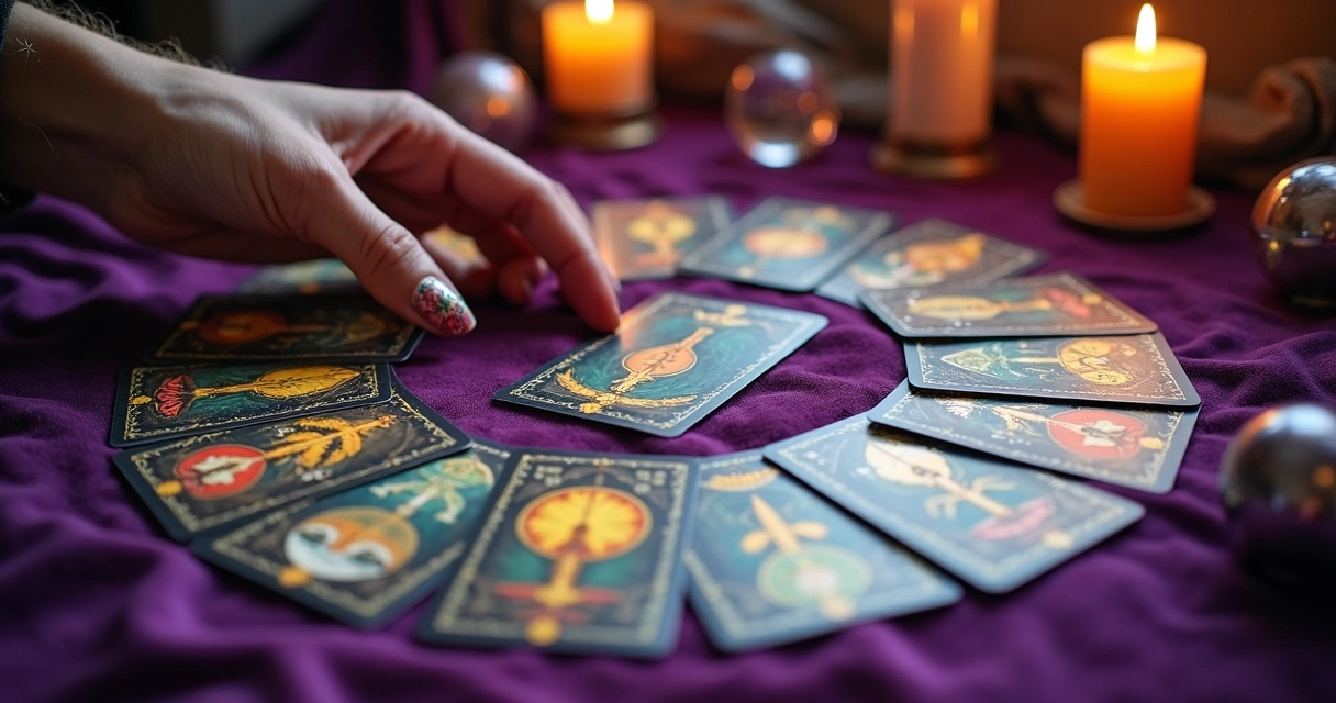 Cartas do baralho cigano dispostas em mesa de veludo 