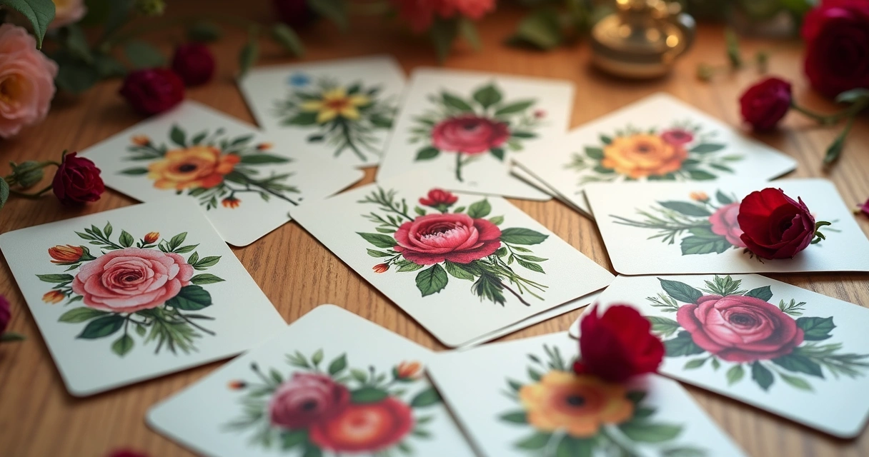 Cartas do baralho cigano com desenhos florais espalhadas sobre uma mesa de madeira clara.