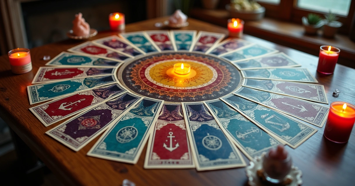 Cartas do baralho cigano com símbolos variados dispostas em círculo. 