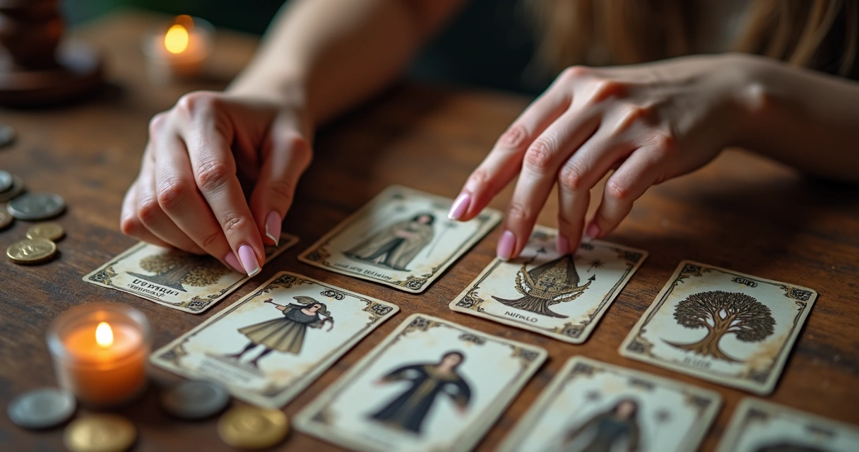 Cartas do baralho cigano dispostas sobre uma mesa 