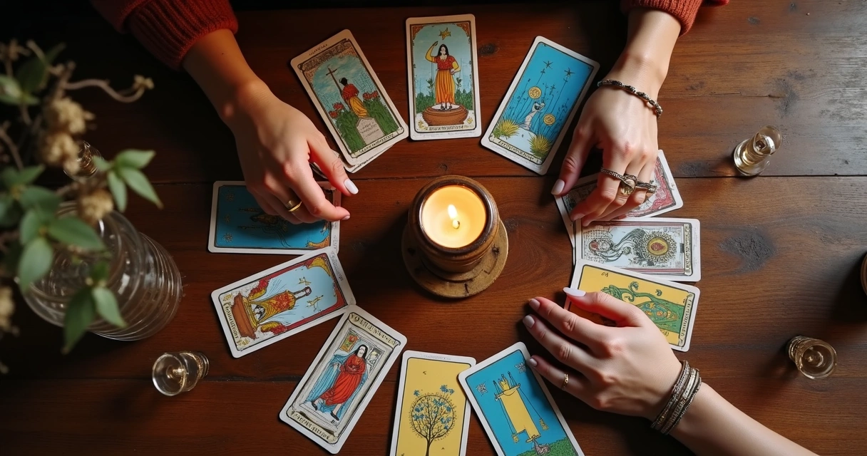 Cartas de baralho cigano dispostas em círculo em uma mesa de madeira. 
