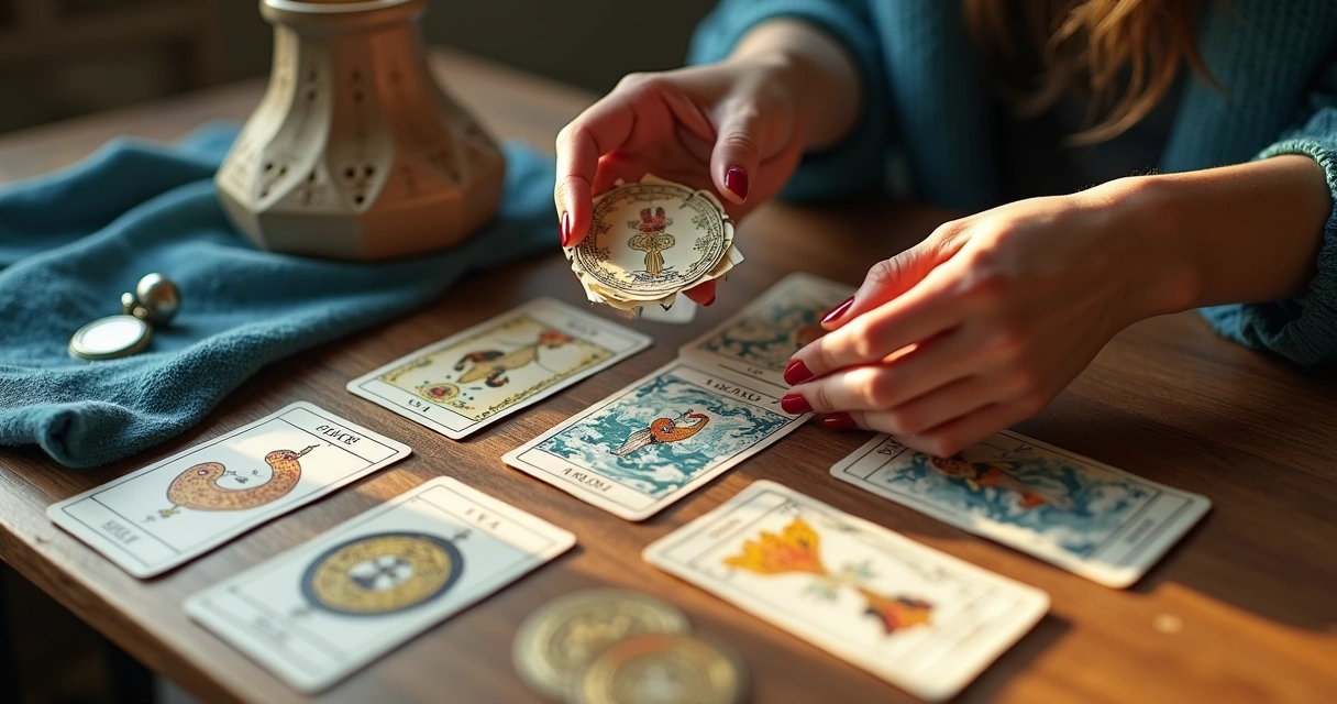 Mesa de madeira com cartas do baralho cigano dispostas em leque