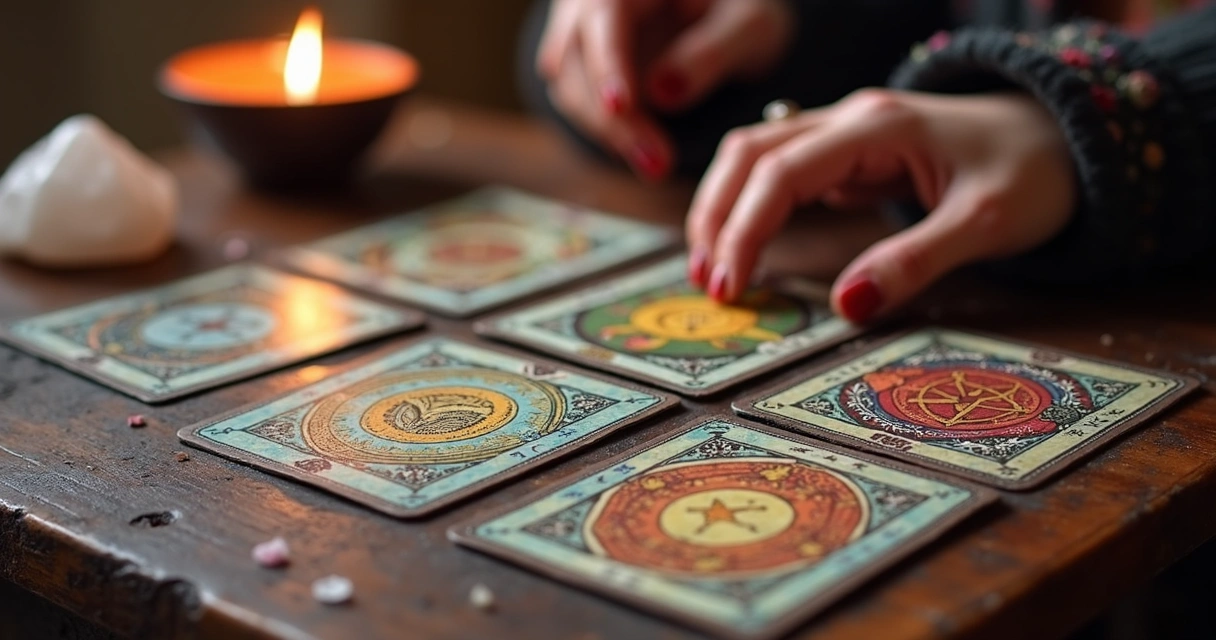 Baralho cigano com cartas abertas na mesa 