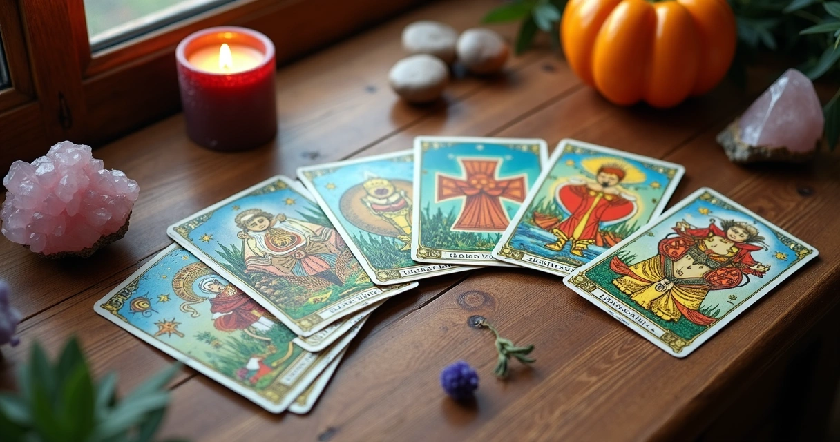 Cartas do baralho cigano dispostas em mesa de madeira, com detalhes coloridos ao redor