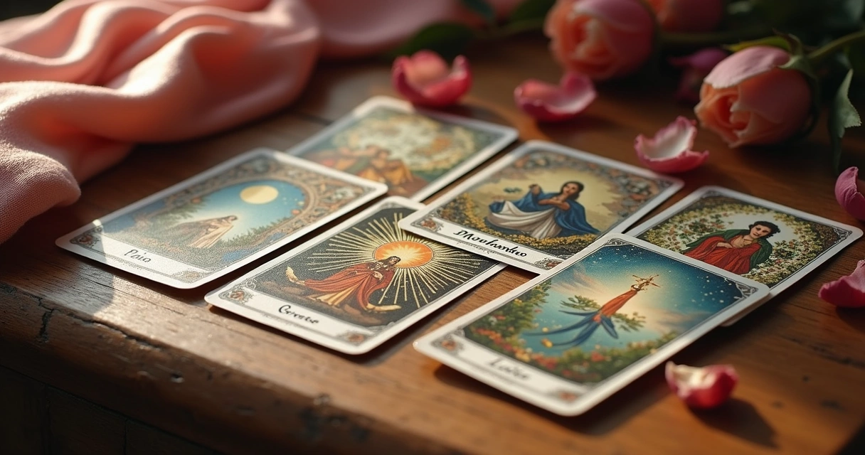 Cartas de baralho cigano dispostas em mesa 