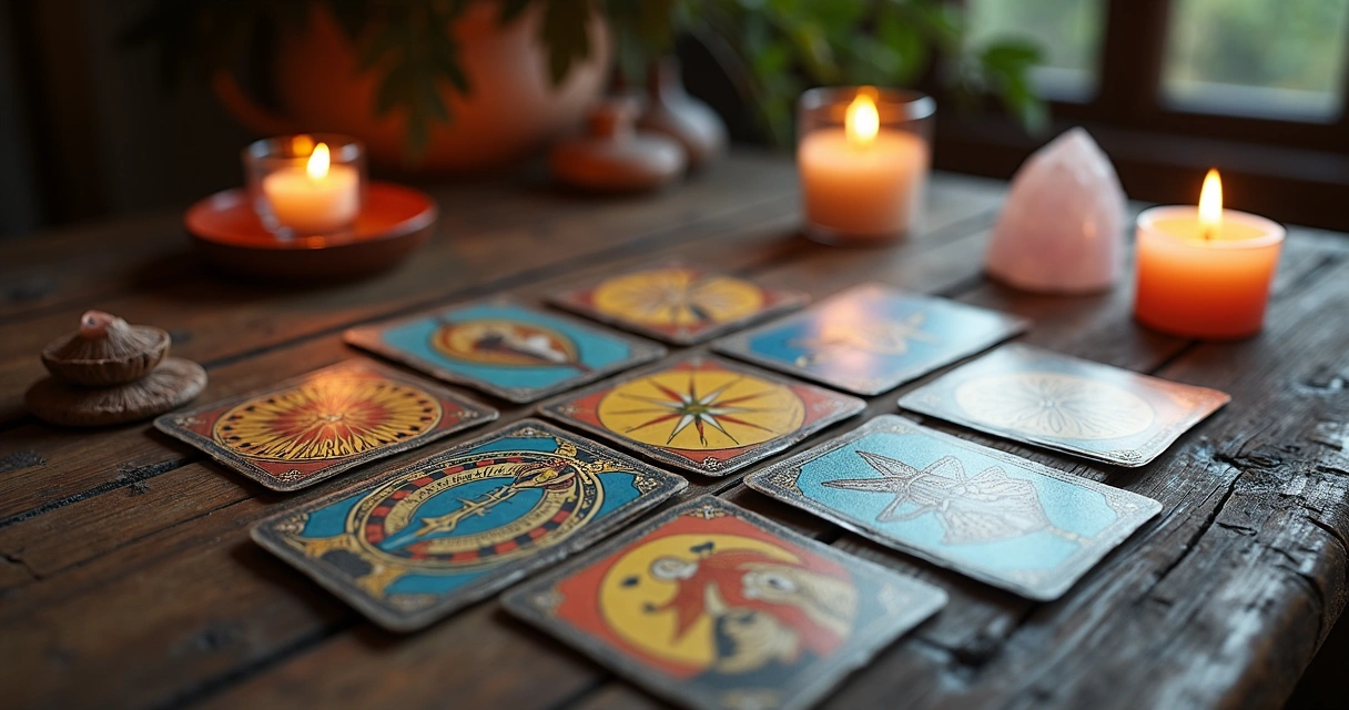 Cartas do Baralho Cigano dispostas em uma mesa de madeira, iluminadas por luz suave 