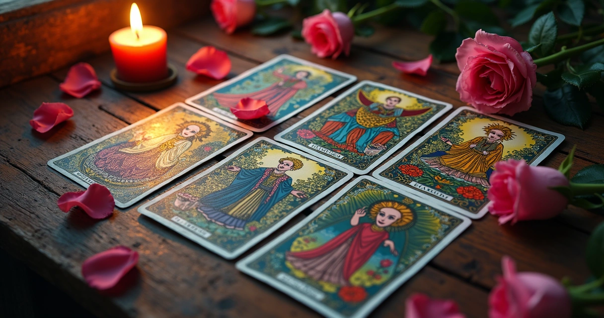 Cartas de Baralho Cigano dispostas sobre uma mesa, próximas a uma vela acesa