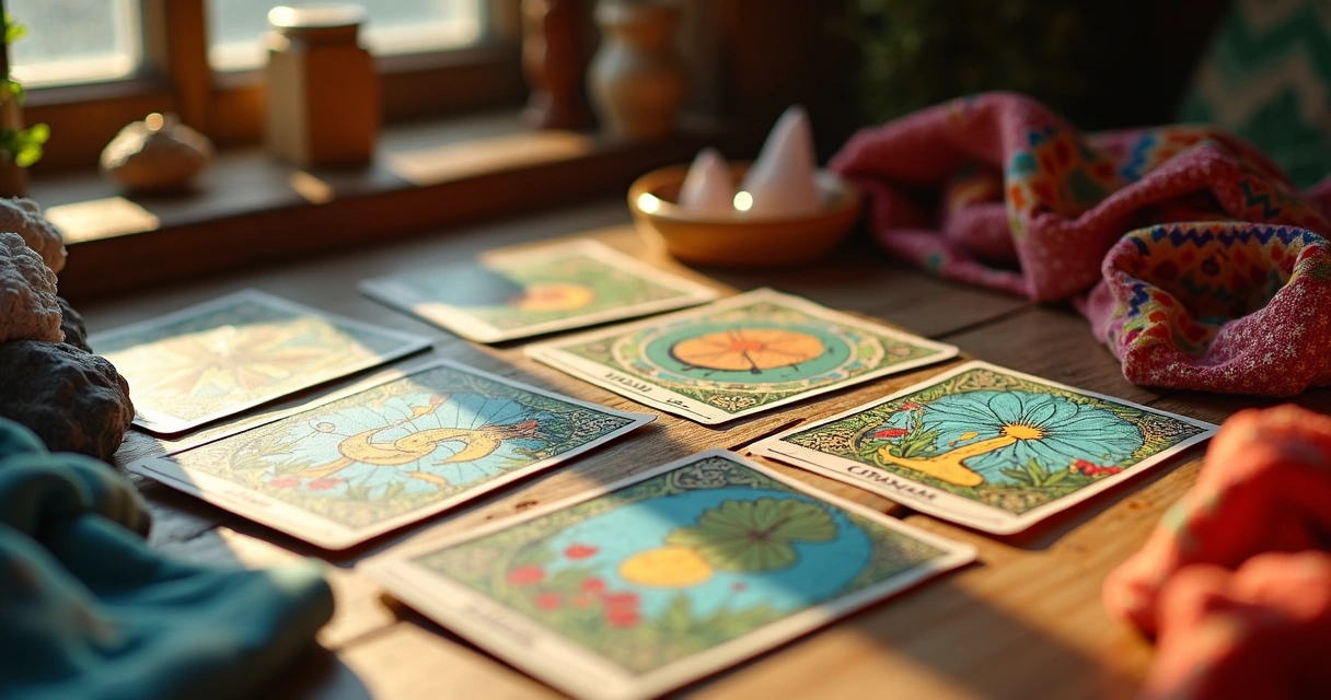 Cartas de baralho cigano sobre uma mesa de madeira 