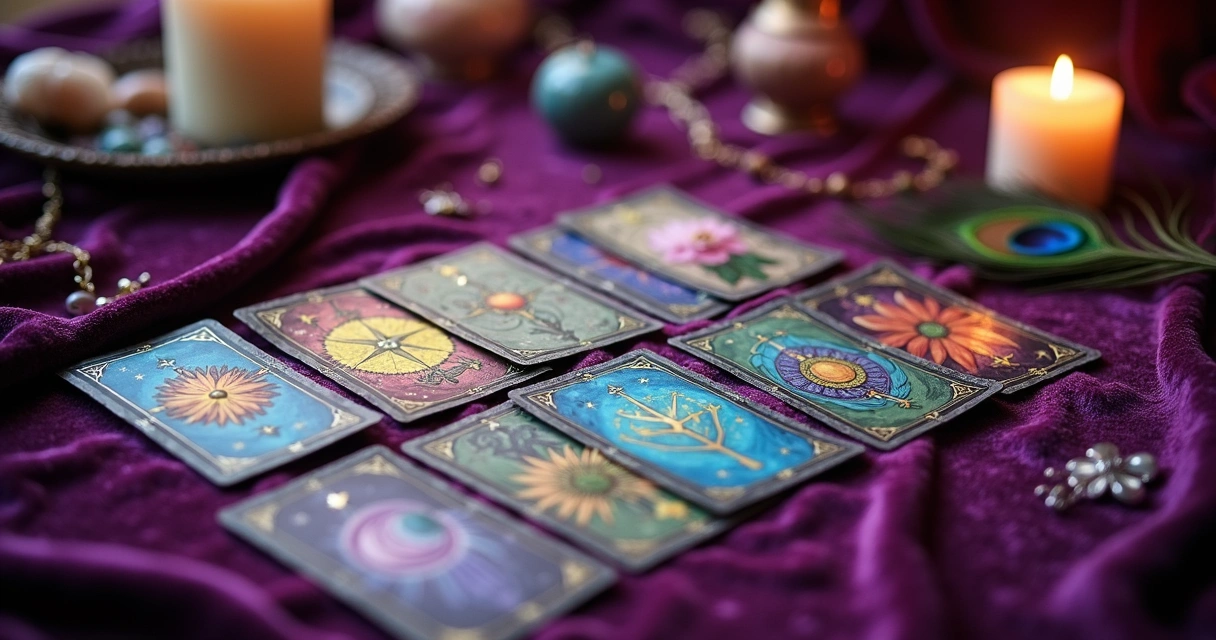 Cartas de baralho cigano dispostas sobre uma mesa 