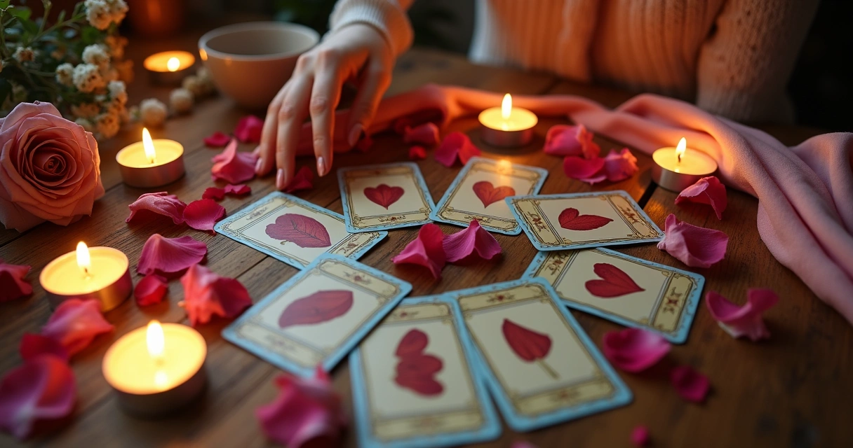 Cartas do baralho cigano dispostas sobre mesa de madeira, com velas ao redor