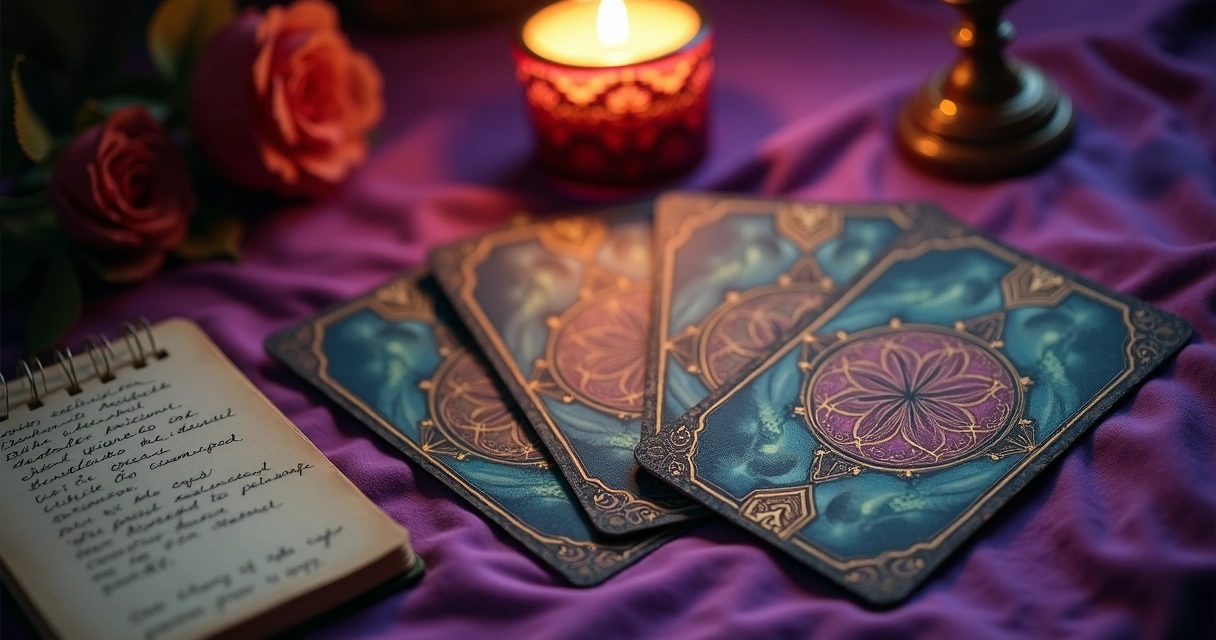 Baralho cigano aberto com cartas espalhadas e vela acesa ao lado 