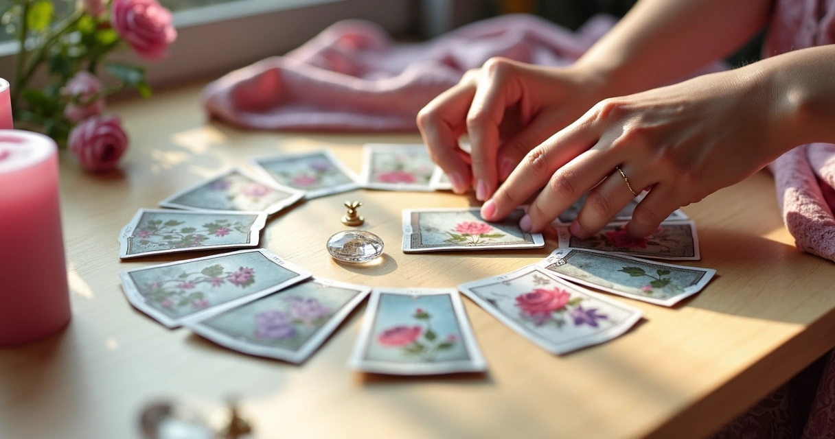 Cartas do baralho cigano dispostas em círculo numa mesa de madeira clara 