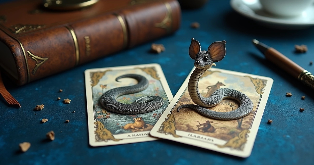 Cartas da cobra, livro e ratos lado a lado sobre mesa azul.