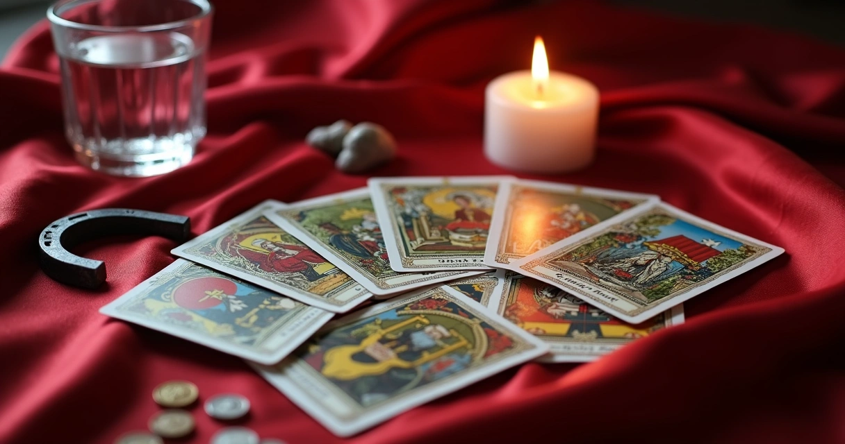 Cartas de baralho cigano, copo de água e vela sobre pano de cetim vermelho. 