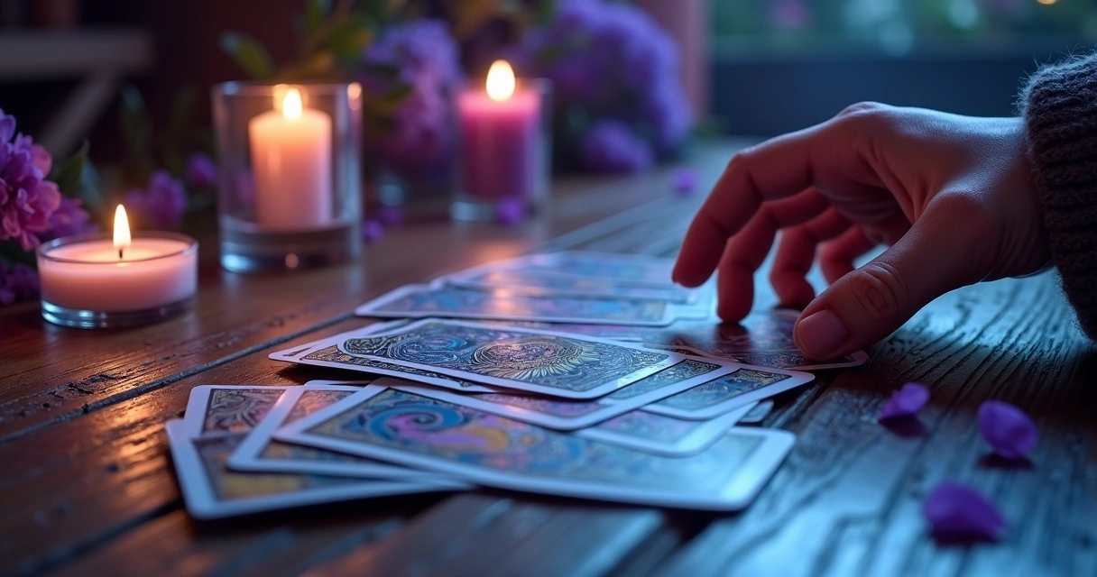 Baralho de cartas sobre mesa com atmosfera mística 