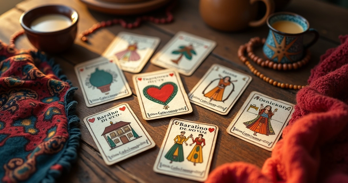 Cartas do baralho da vovó cigana sobre uma mesa de madeira 