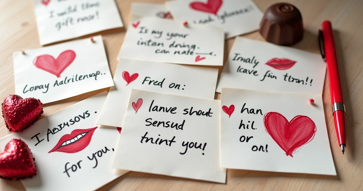 Vários bilhetes escritos à mão com corações e sugestões sensuais