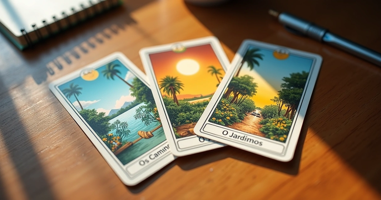 Cartas Os Caminhos, O Sol e O Jardim do Baralho Cigano sobre uma mesa 
