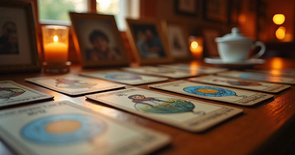 Cartas cigana Casa e outras exibidas em mesa de madeira 
