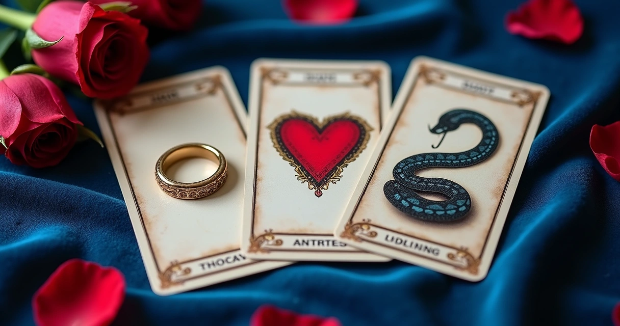 Cartas do baralho cigano anel, coração e cobra representando relacionamento 