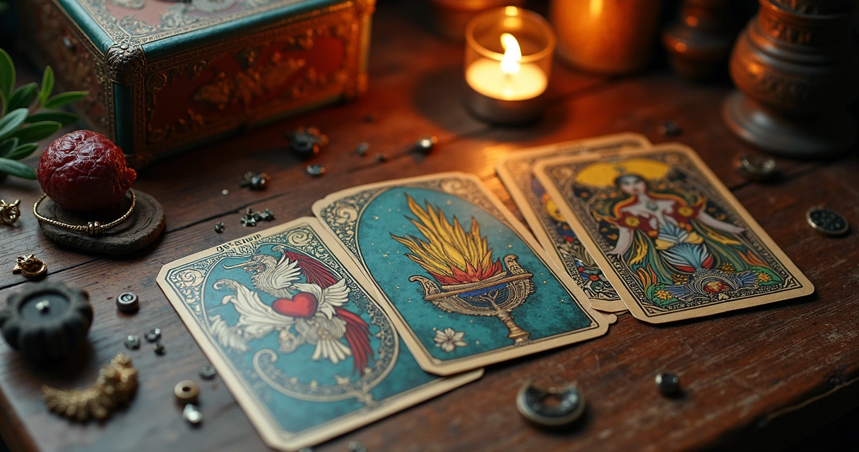 Cartas ciganas distribuídas em uma mesa de madeira 