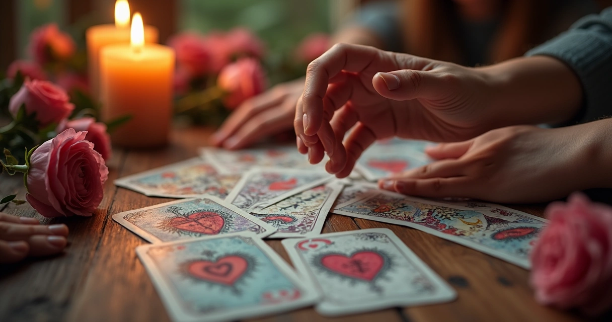 Cartas ciganas dispostas com símbolos de união e corações desenhados 