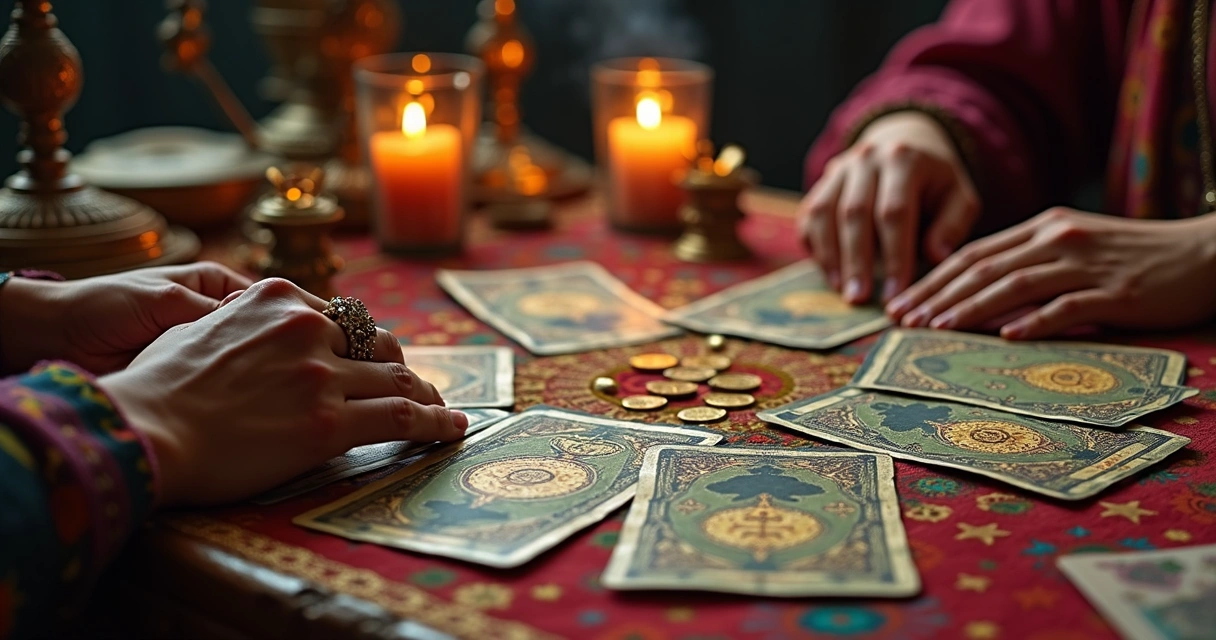 Mesa com cartas ciganas e moedas espalhadas 