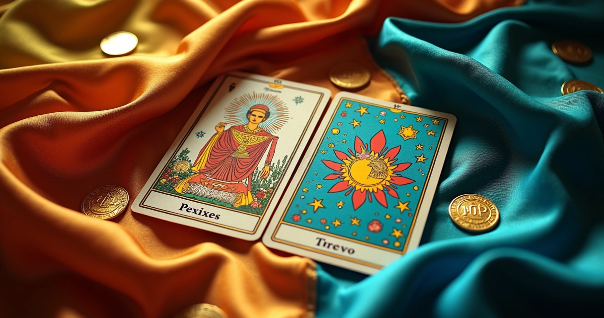 Cartas Peixes e Trevo do tarot cigano sobre lenço colorido 