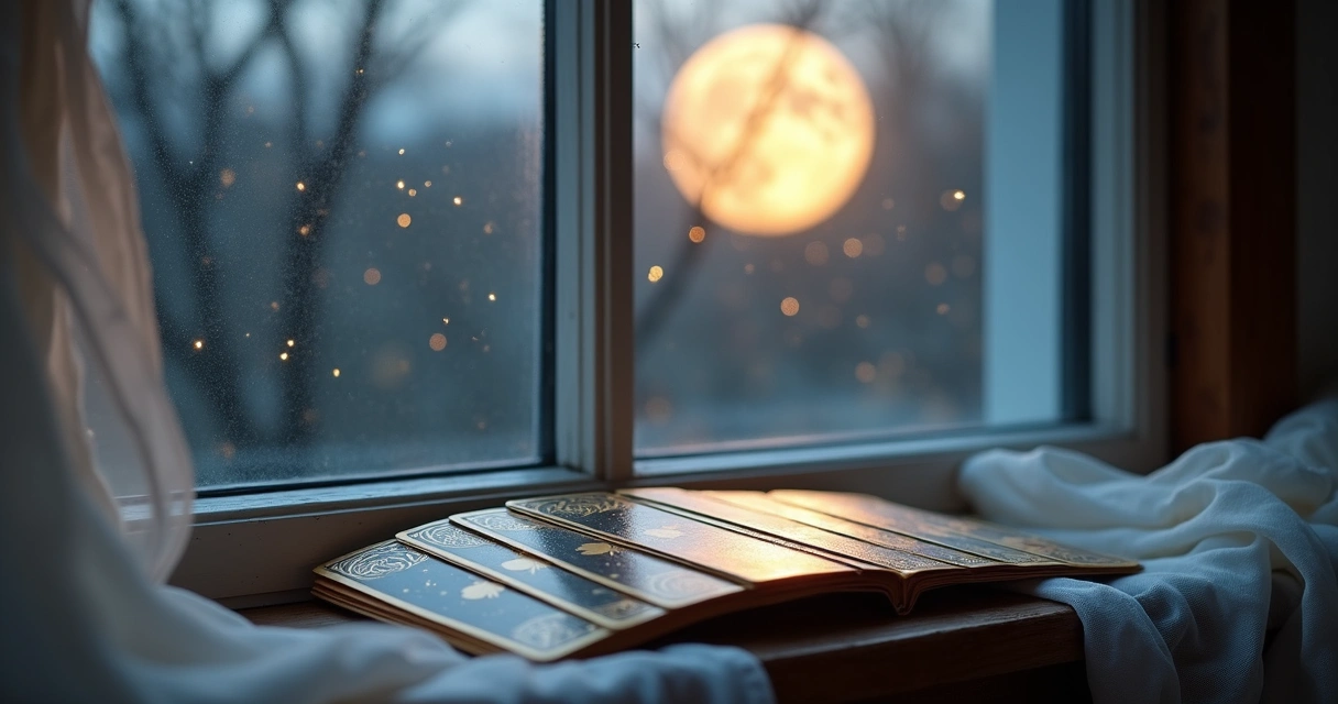 Baralho cigano sendo purificado à luz da lua cheia na janela 