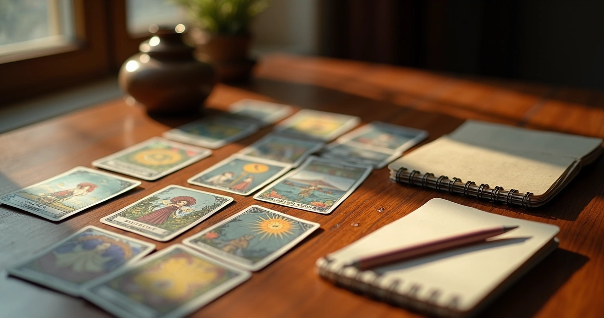 Cartas de tarot e bloco de notas em cima de uma mesa, indicando anotações para perguntas claras 