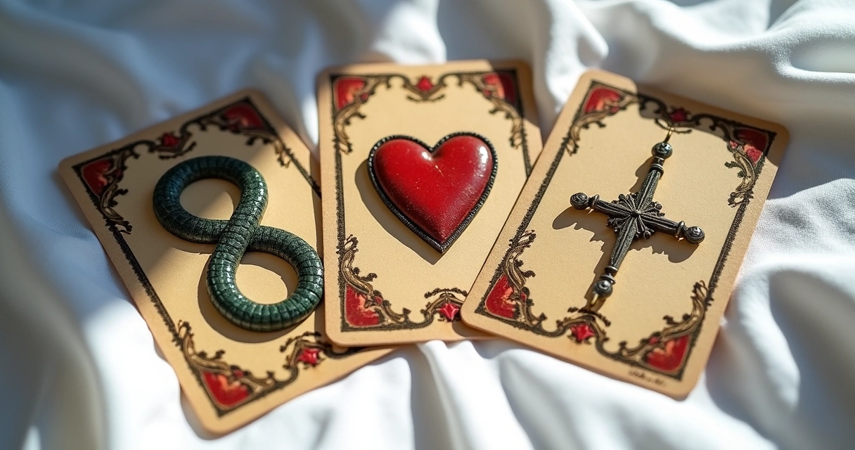 Detalhe das cartas cigana da cobra, coração e chicote sobre tecido branco.