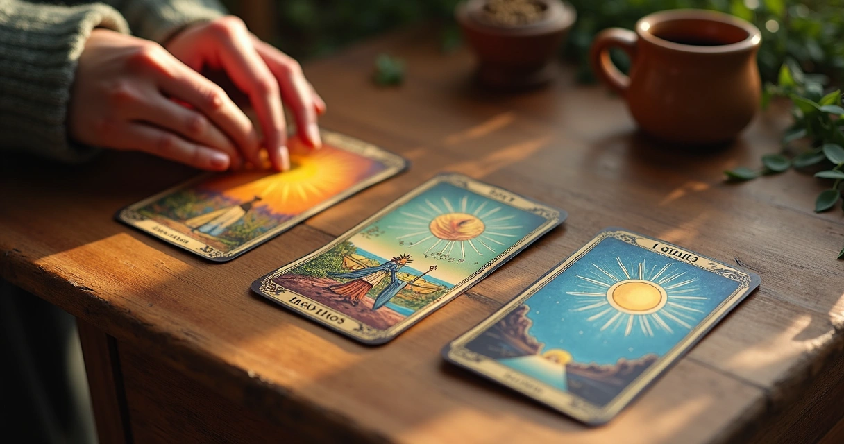 Cartas do baralho cigano Caminhos, Coração e Sol lado a lado em uma mesa de madeira 