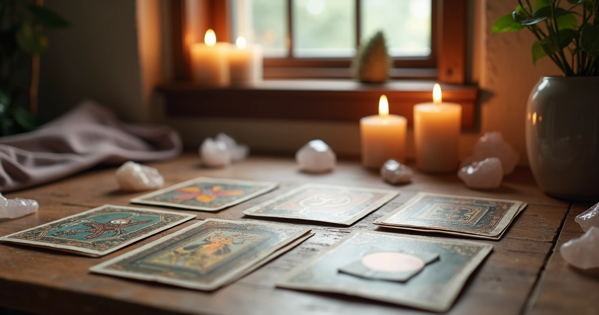 Cartas de tarot organizadas sobre uma mesa ao lado de cristais 