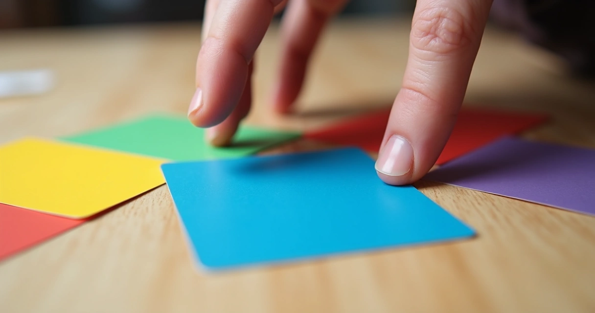 Cartas coloridas em uma mesa de madeira clara vistas de cima