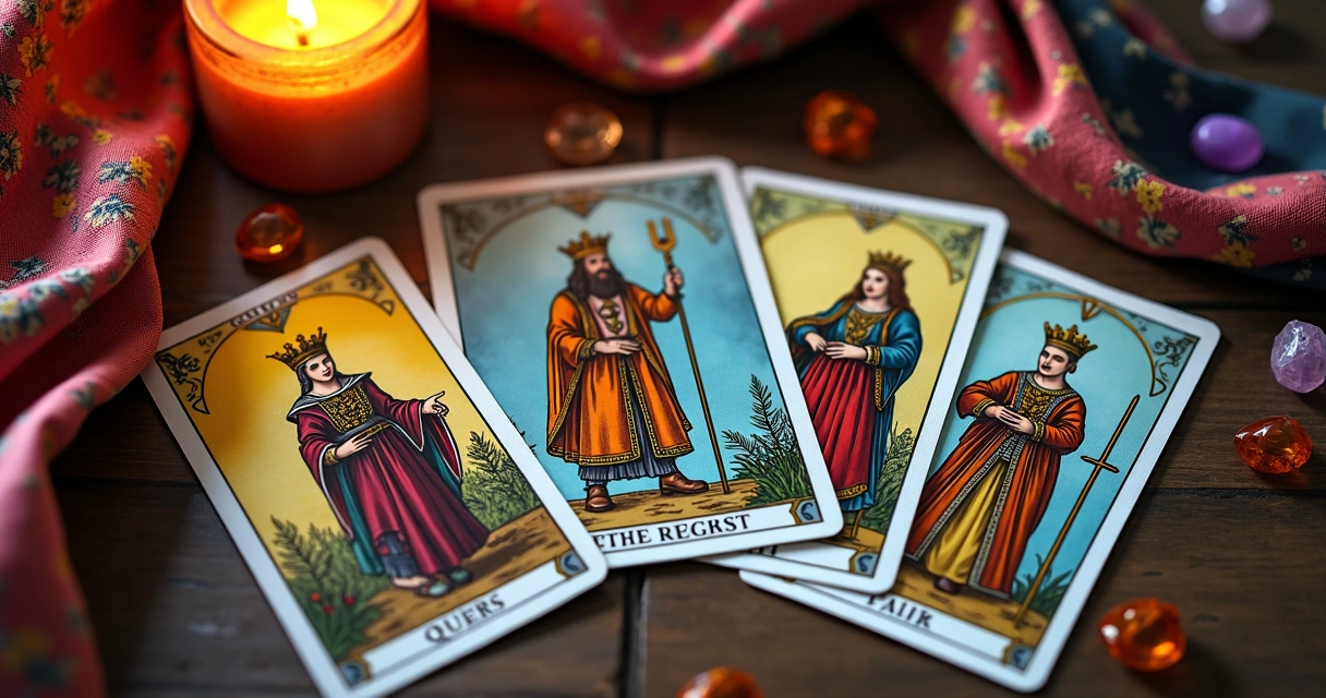 Cartas de corte do tarot dispostas em mesa de madeira