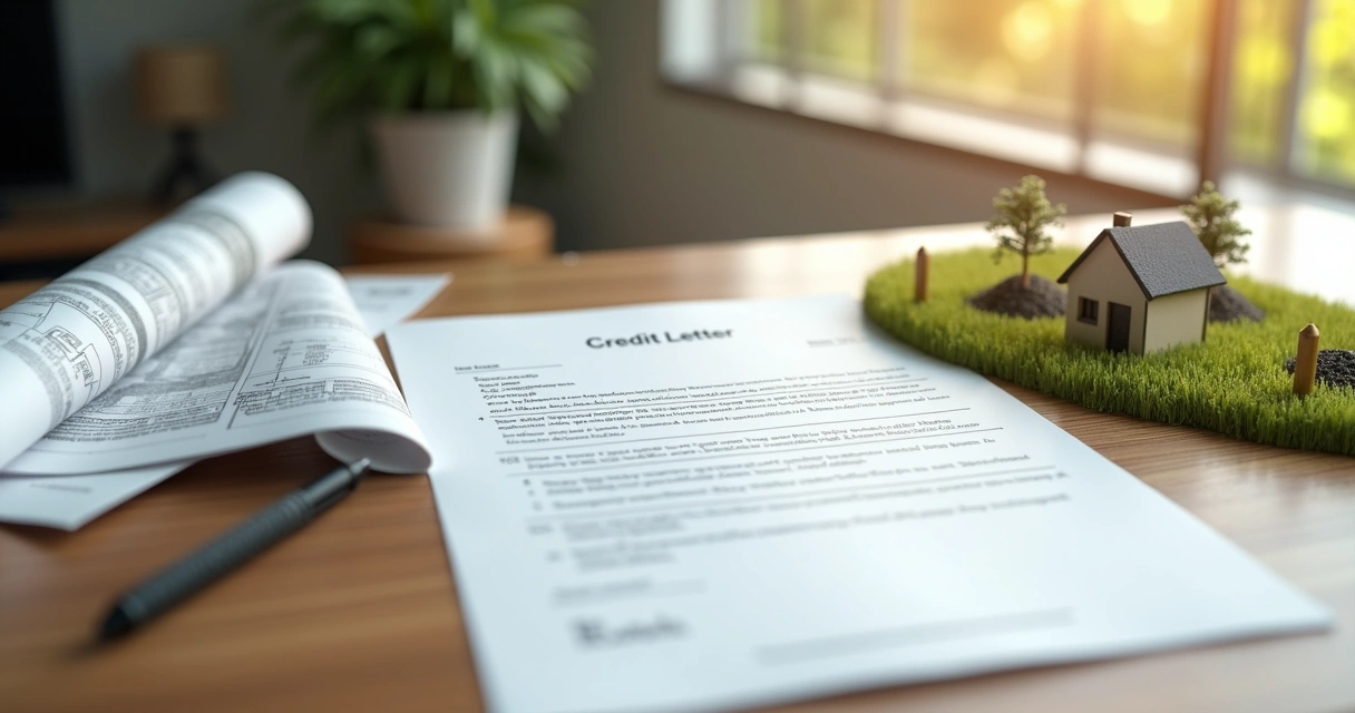 Representação de uma carta de crédito ao lado de um terreno pronto para construção, com planta baixa e documentos ao redor 