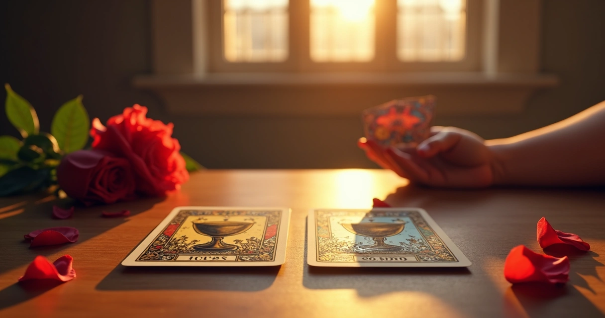 Duas cartas de copas lado a lado sobre uma mesa de madeira 