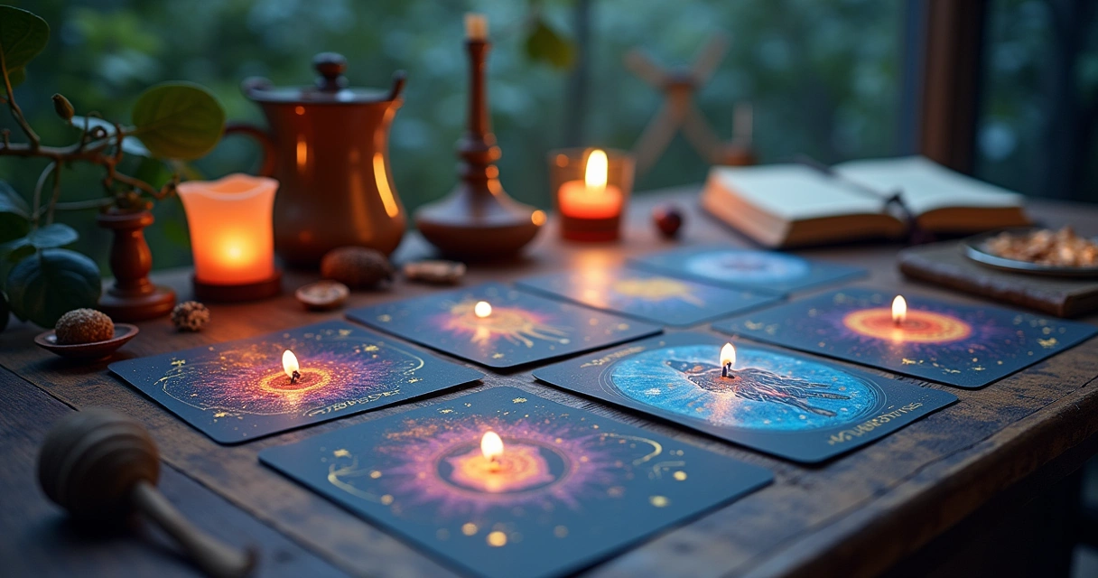 Representação artística de cartas de tarô em uma mesa de madeira, cercadas por velas e um diário.